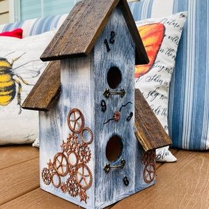 Hand painted birdhouse Crazy Clock Steampunk